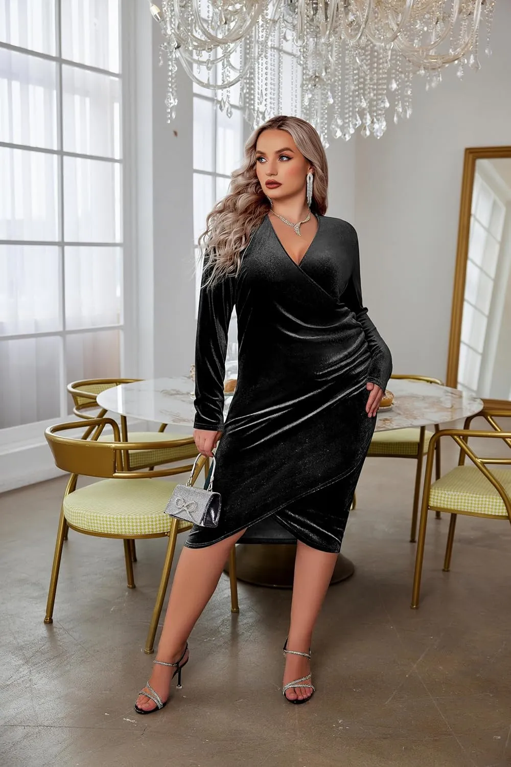 IN'VOLAND Womens Plus Size Long Sleeve Velvet Bodycon Dresses Ruched Wrap V Neck Cocktail Party Dress