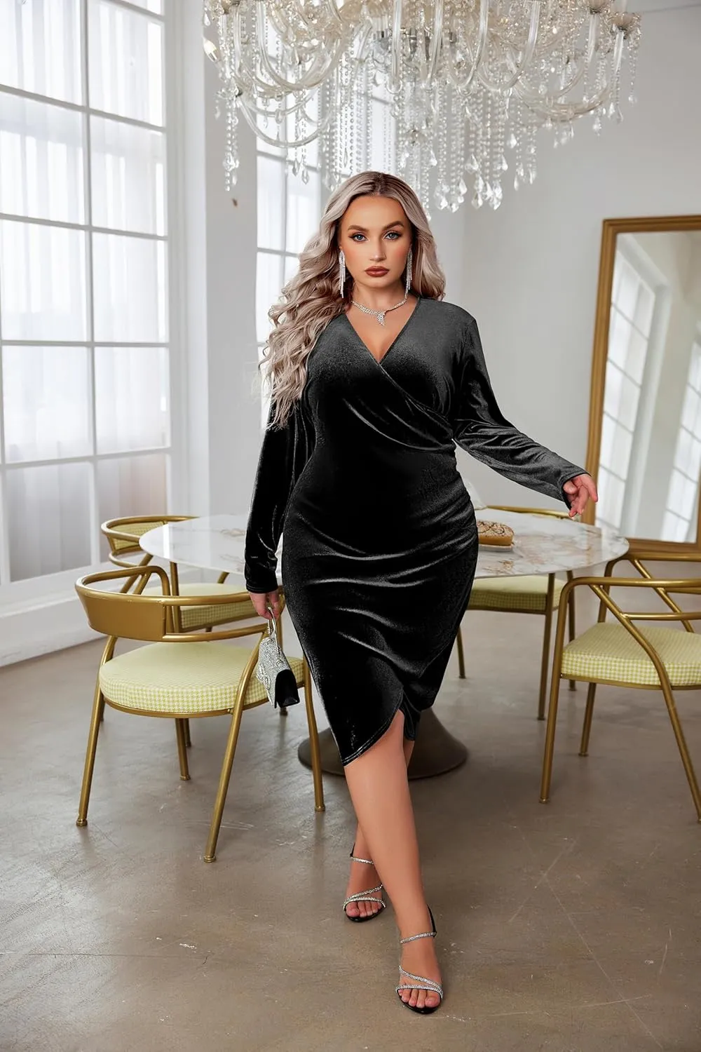 IN'VOLAND Womens Plus Size Long Sleeve Velvet Bodycon Dresses Ruched Wrap V Neck Cocktail Party Dress