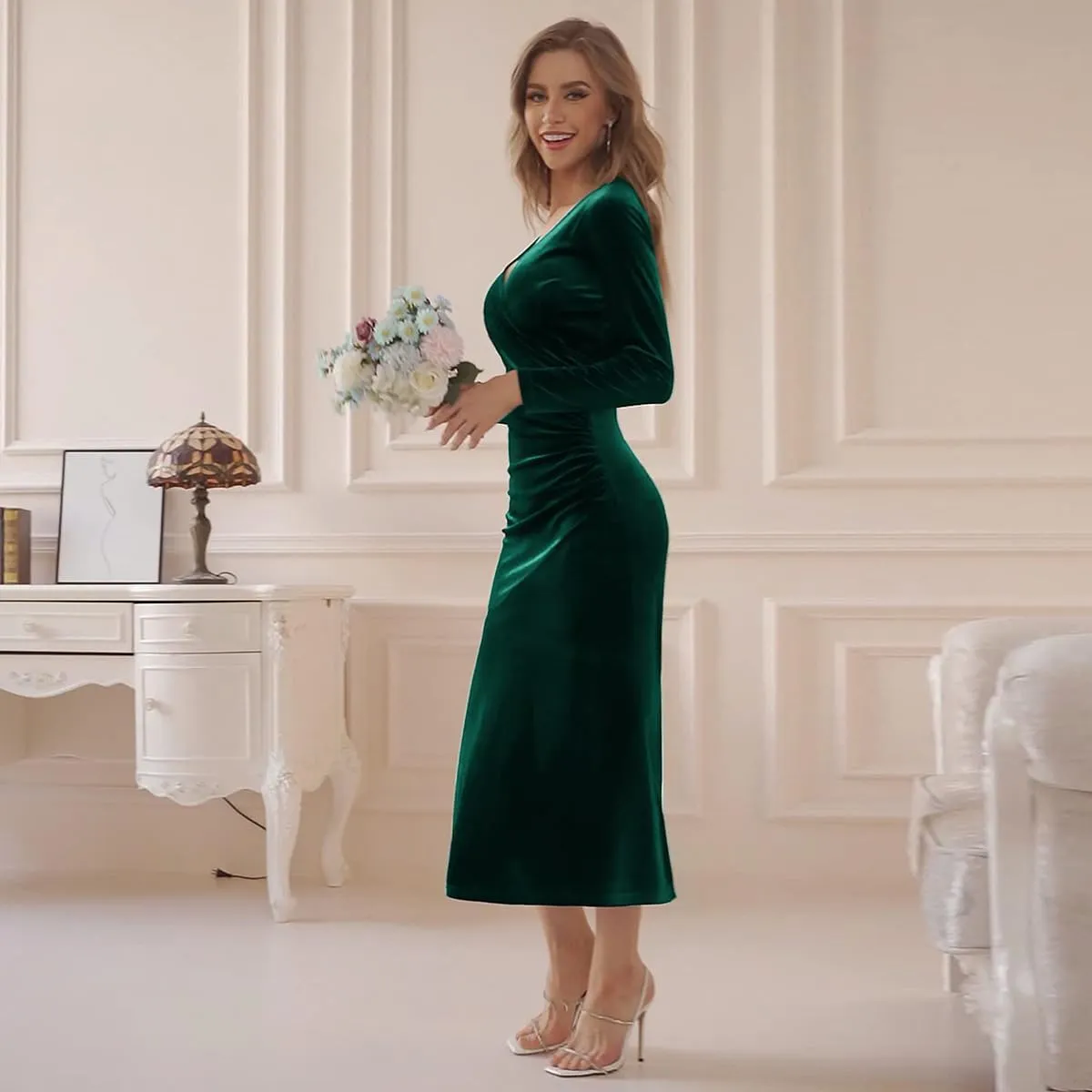 IWEMEK Elegant Velvet Dress for Women Long Sleeve Fall Velvet Wrap V Neck Bodycon Ruched Cocktail Party Dress Wedding Guest