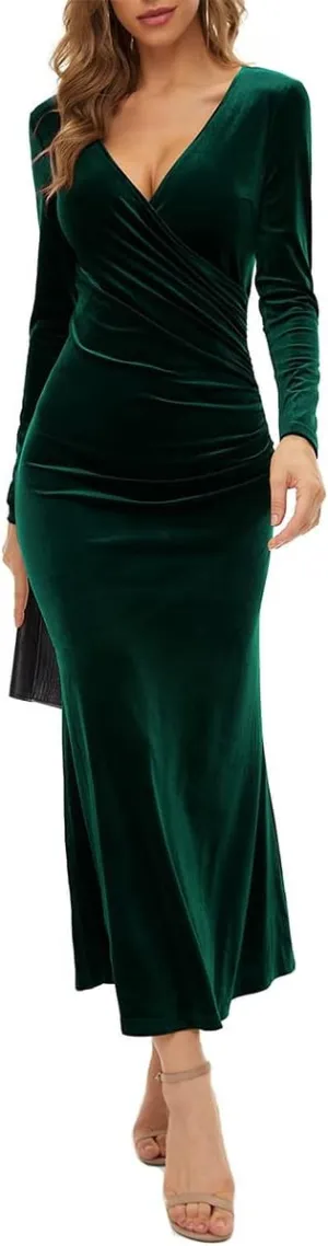 IWEMEK Elegant Velvet Dress for Women Long Sleeve Fall Velvet Wrap V Neck Bodycon Ruched Cocktail Party Dress Wedding Guest