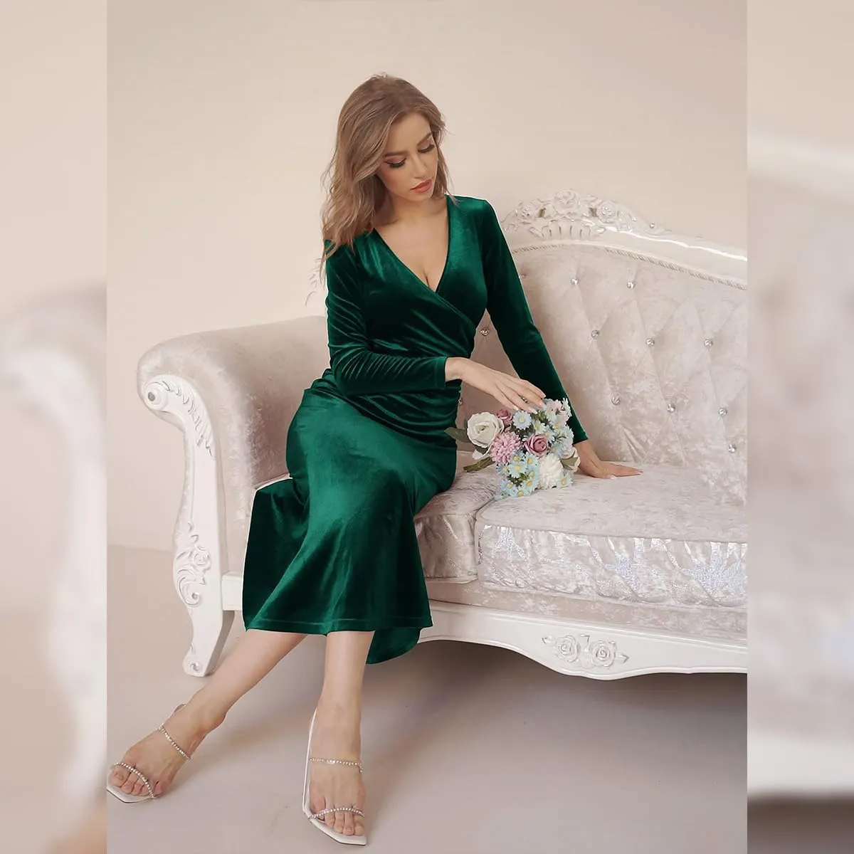 IWEMEK Elegant Velvet Dress for Women Long Sleeve Fall Velvet Wrap V Neck Bodycon Ruched Cocktail Party Dress Wedding Guest