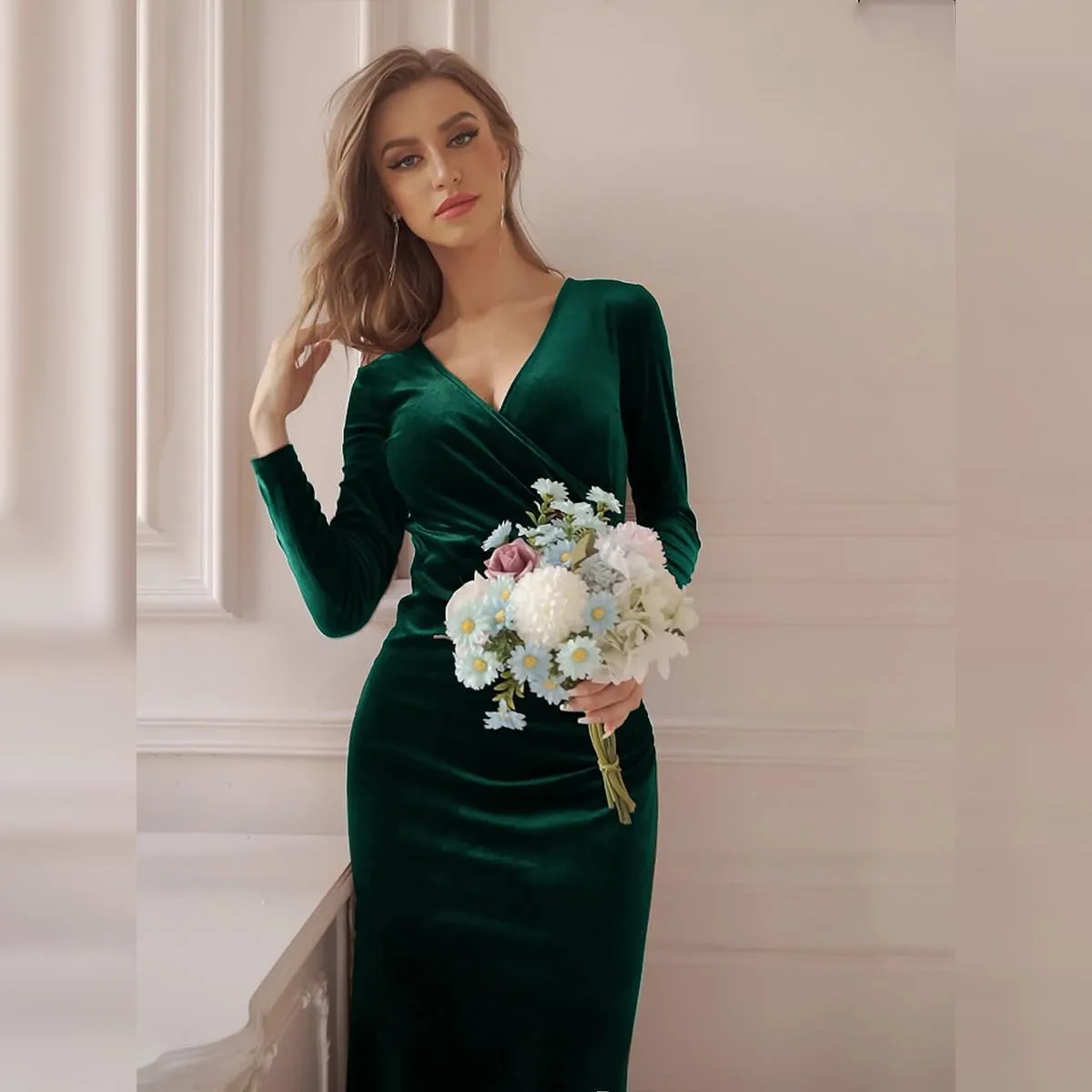 IWEMEK Elegant Velvet Dress for Women Long Sleeve Fall Velvet Wrap V Neck Bodycon Ruched Cocktail Party Dress Wedding Guest