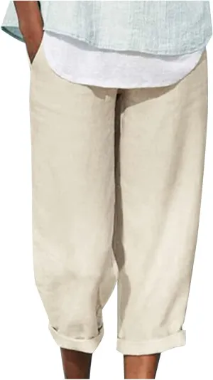 JOAU High Waisted Wide Leg Pants for Women Casual Elastic Trousers with Pockets Cotton Linen Long Straight Leg Solid Pants