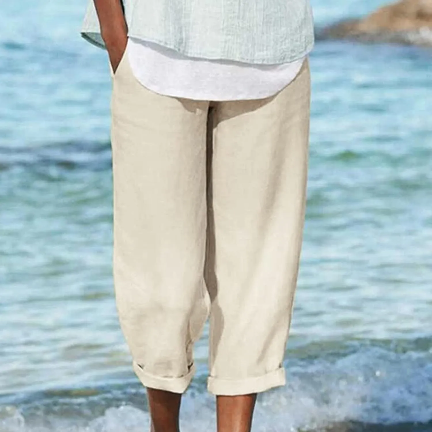 JOAU High Waisted Wide Leg Pants for Women Casual Elastic Trousers with Pockets Cotton Linen Long Straight Leg Solid Pants