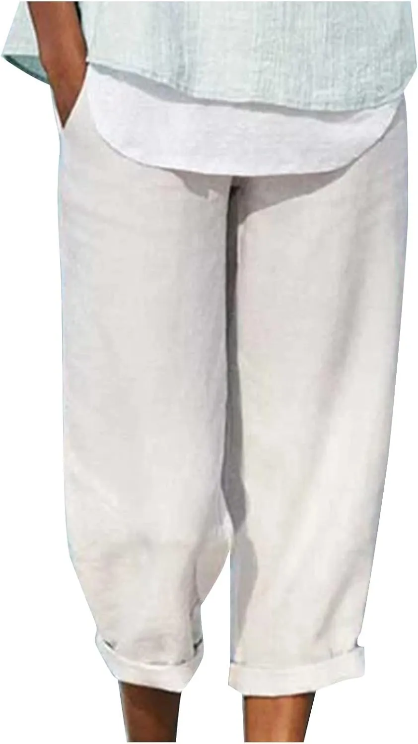 JOAU High Waisted Wide Leg Pants for Women Casual Elastic Trousers with Pockets Cotton Linen Long Straight Leg Solid Pants
