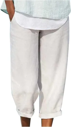 JOAU High Waisted Wide Leg Pants for Women Casual Elastic Trousers with Pockets Cotton Linen Long Straight Leg Solid Pants