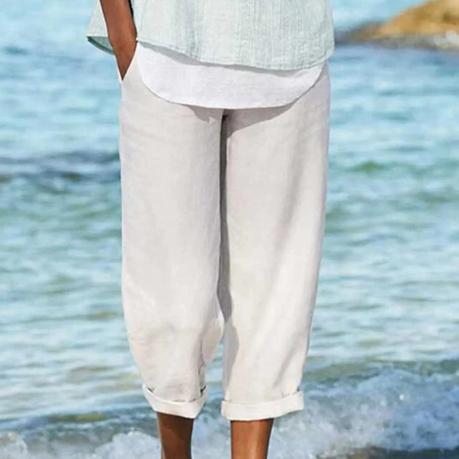 JOAU High Waisted Wide Leg Pants for Women Casual Elastic Trousers with Pockets Cotton Linen Long Straight Leg Solid Pants