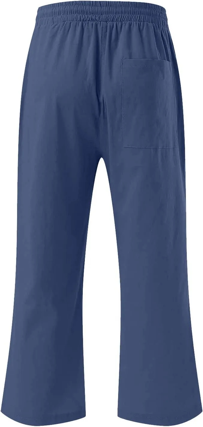 JOAU Summer Cotton Linen Cropped Wide Leg Pants, Women Casual Loose Drawstring Elastic Waist Capris Trousers with Pockets