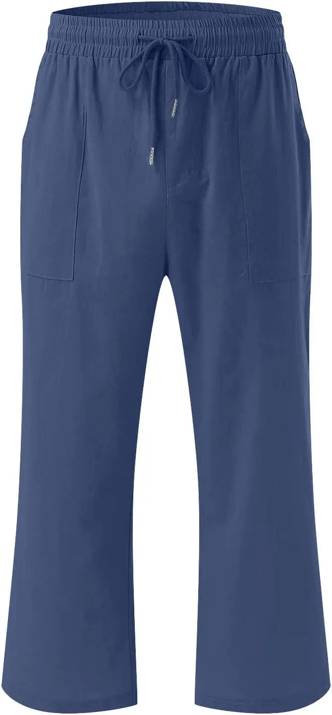 JOAU Summer Cotton Linen Cropped Wide Leg Pants, Women Casual Loose Drawstring Elastic Waist Capris Trousers with Pockets