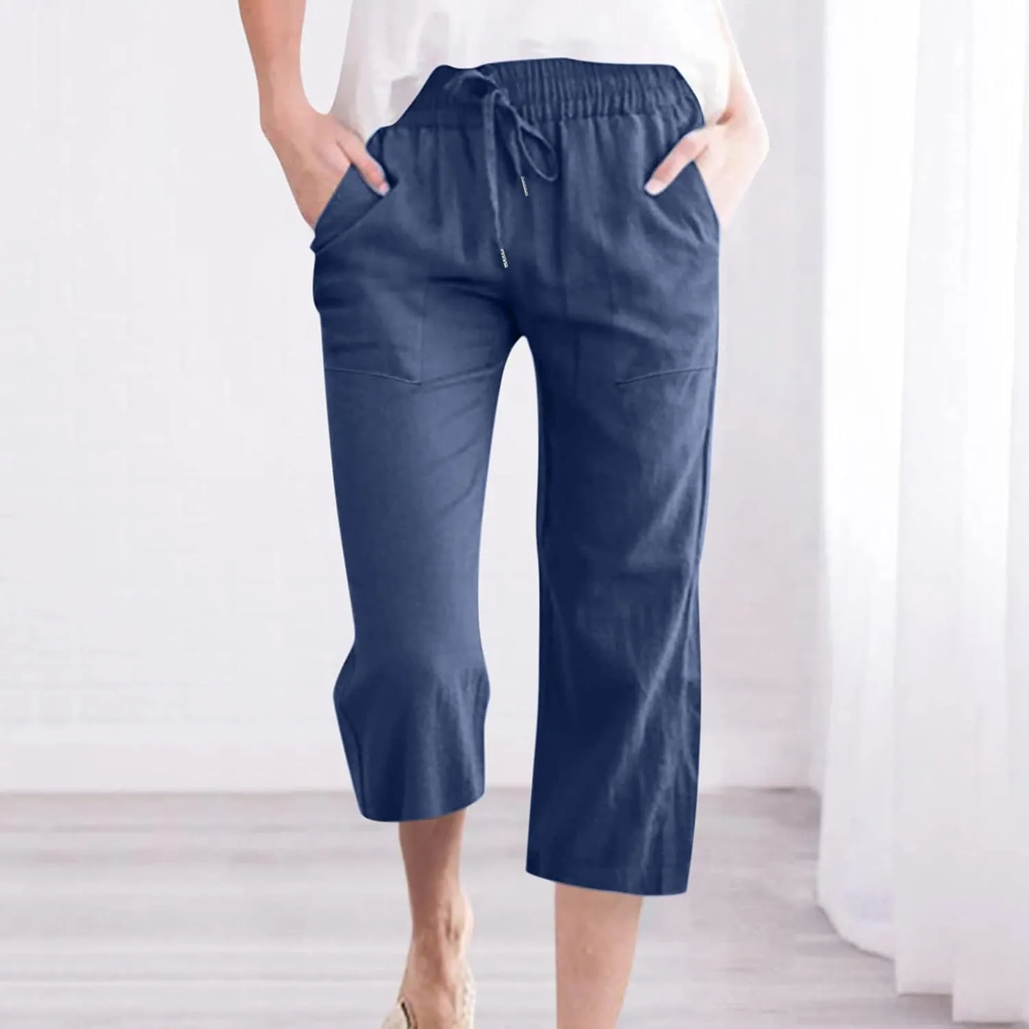 JOAU Summer Cotton Linen Cropped Wide Leg Pants, Women Casual Loose Drawstring Elastic Waist Capris Trousers with Pockets