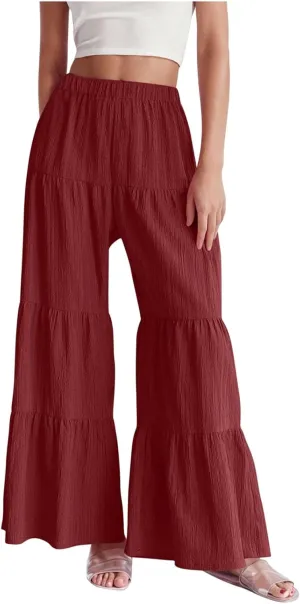 JOAU Women's Flowy Boho Elastic High Waist Ruffle Hem Wide Leg Beach Loose Palazzo Pants Summer Baggy Tiered Flared Trousers