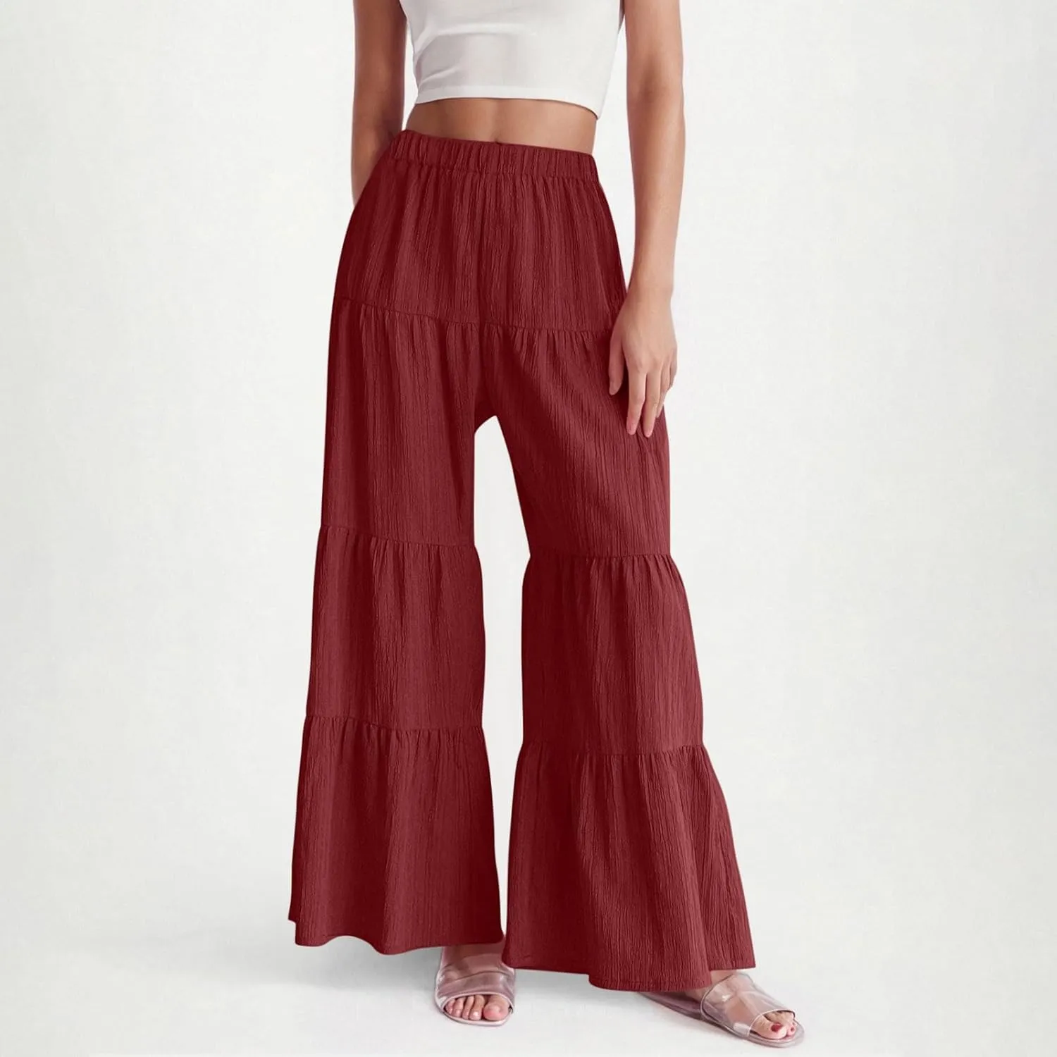JOAU Women's Flowy Boho Elastic High Waist Ruffle Hem Wide Leg Beach Loose Palazzo Pants Summer Baggy Tiered Flared Trousers
