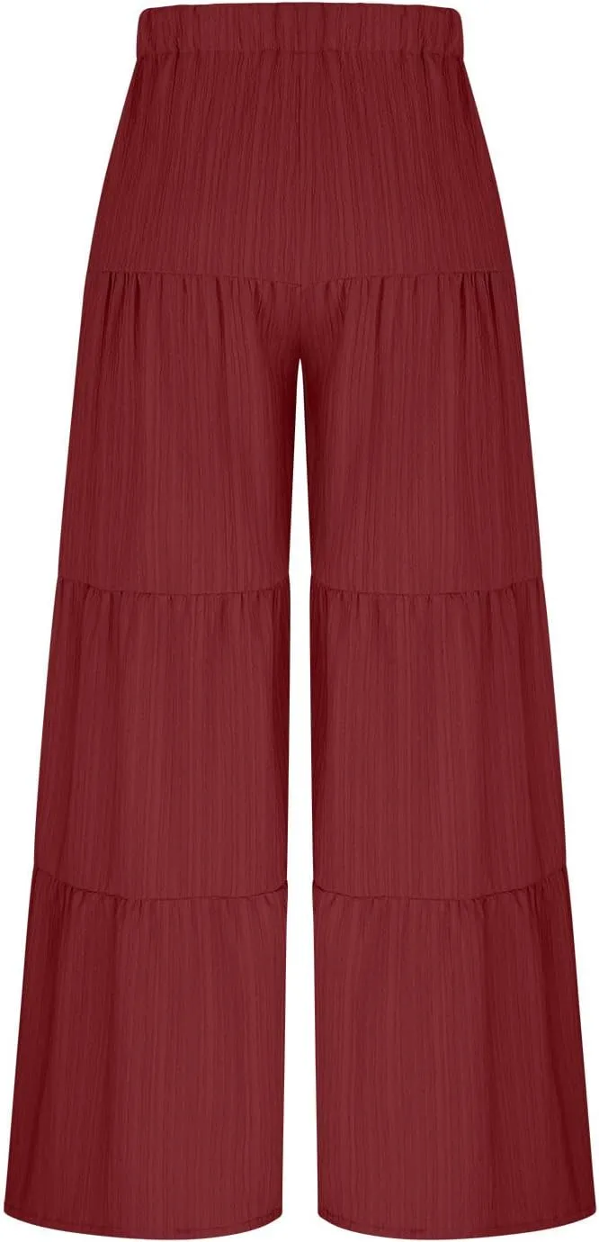 JOAU Women's Flowy Boho Elastic High Waist Ruffle Hem Wide Leg Beach Loose Palazzo Pants Summer Baggy Tiered Flared Trousers