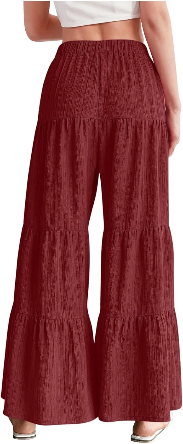 JOAU Women's Flowy Boho Elastic High Waist Ruffle Hem Wide Leg Beach Loose Palazzo Pants Summer Baggy Tiered Flared Trousers