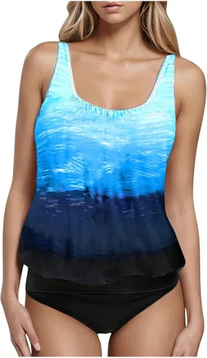 jsaierl Plus Size Tankini Swimsuits for Women Summer Modest 2 Piece Swimwear Gradient Blouson Swim Tank Top with Bottoms