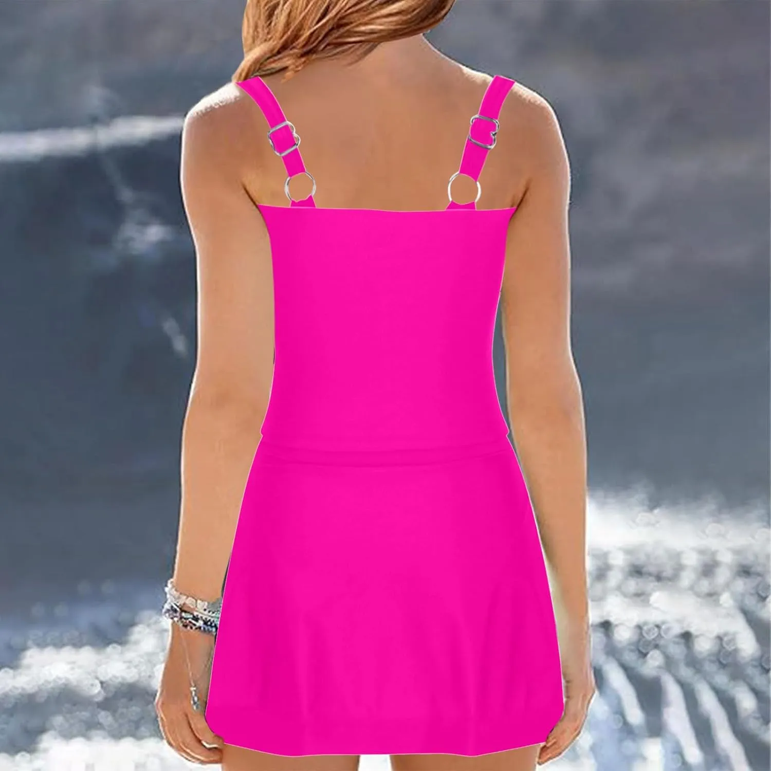 jsaierl Swimdress for Women 2 Piece Bathing Suits Adjustable Strap Ruched Tummy Control Swimwear Solid Swim Tank with Skirts