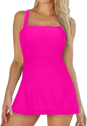 jsaierl Swimdress for Women 2 Piece Bathing Suits Adjustable Strap Ruched Tummy Control Swimwear Solid Swim Tank with Skirts