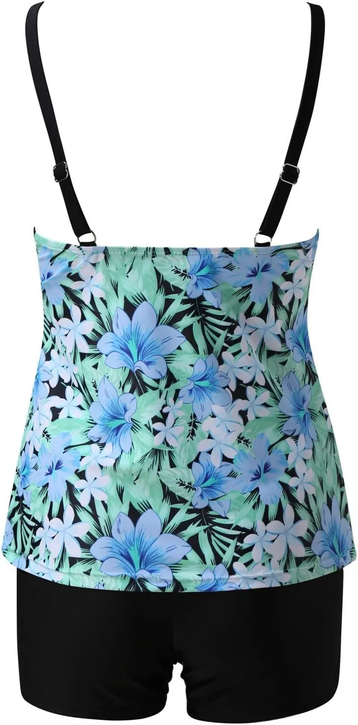 jsaierl Two Piece Swimsuit Women High Waisted Tummy Control Tankini Swimsuits Scoop Neck Print Bathing Suits Summer Beachwear