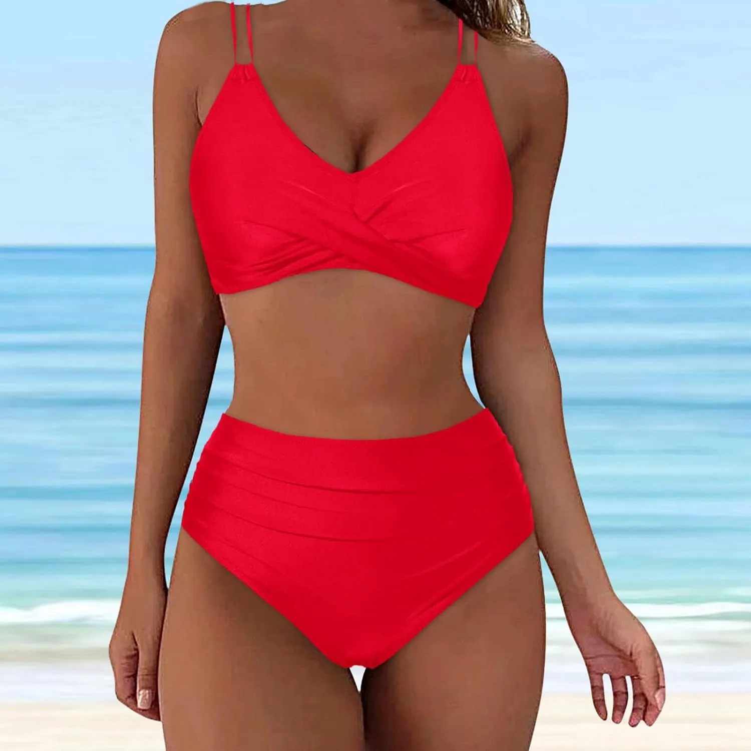 jsaierl Women Beachwear Summer Bikini Sets Sexy Front Twist Back Crossover Strappy Swimsuit Tummy Control Ruched Bathing Suit