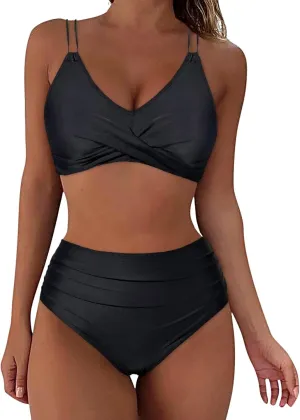 jsaierl Women Beachwear Summer Bikini Sets Sexy Front Twist Back Crossover Strappy Swimsuit Tummy Control Ruched Bathing Suit