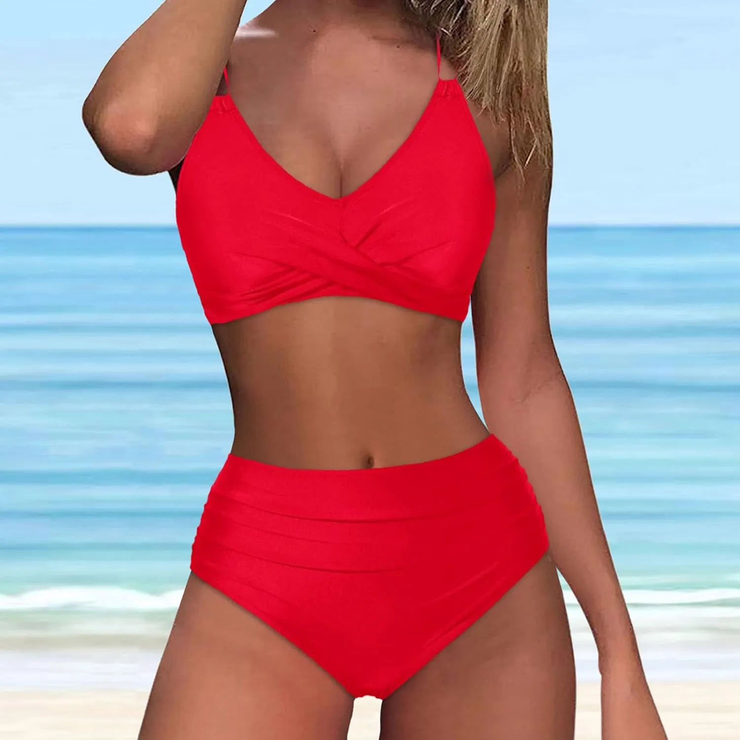 jsaierl Women Beachwear Summer Bikini Sets Sexy Front Twist Back Crossover Strappy Swimsuit Tummy Control Ruched Bathing Suit