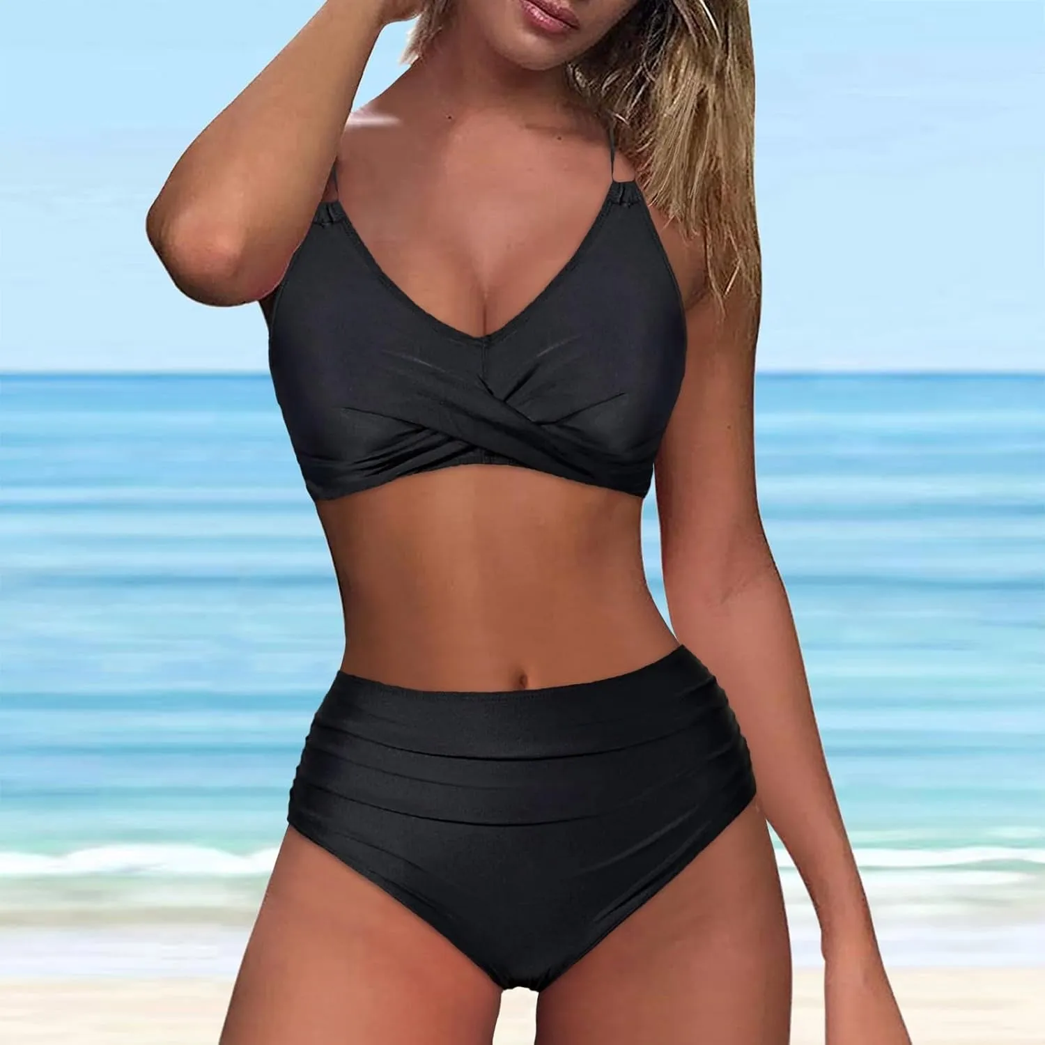 jsaierl Women Beachwear Summer Bikini Sets Sexy Front Twist Back Crossover Strappy Swimsuit Tummy Control Ruched Bathing Suit