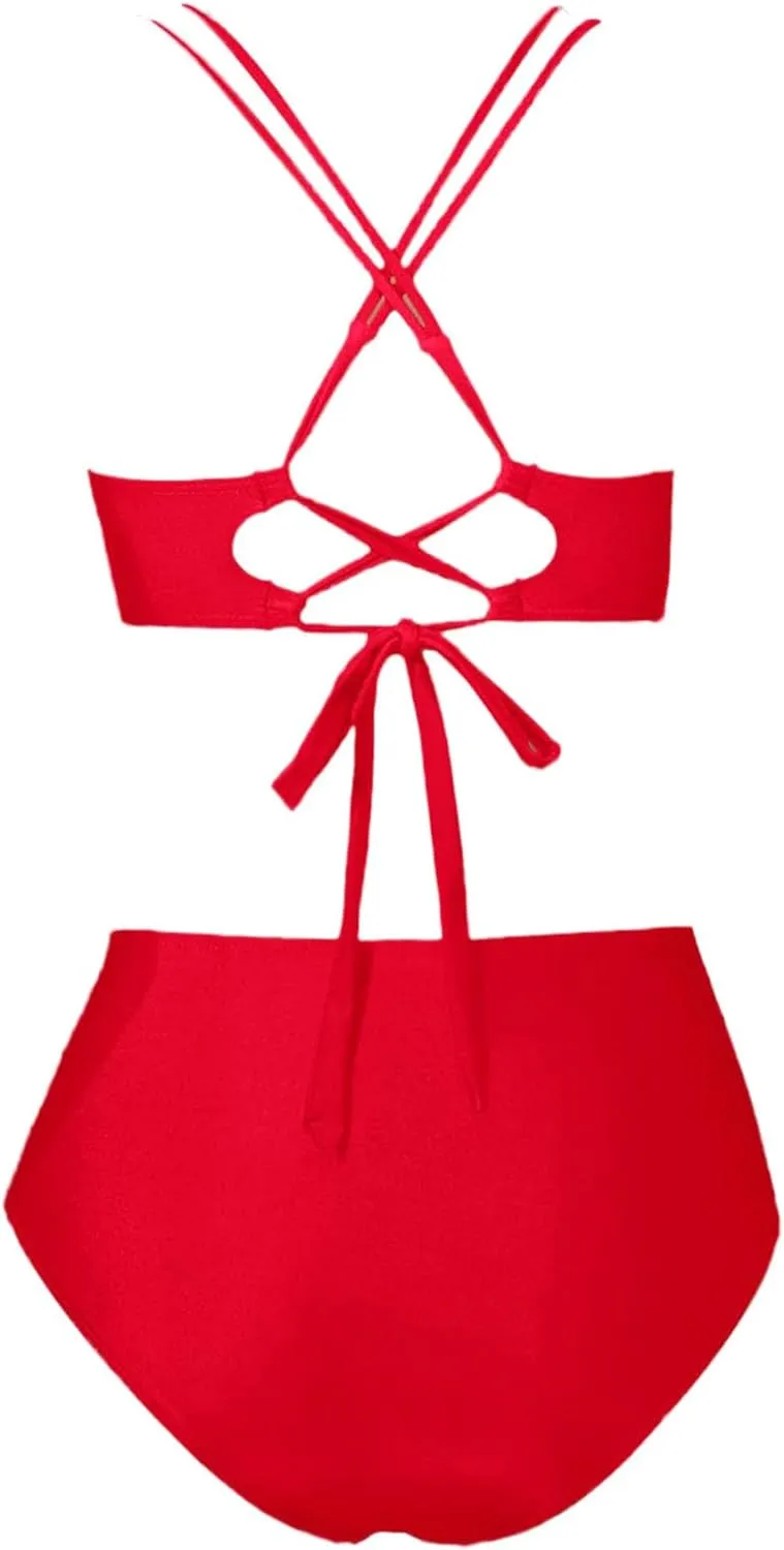 jsaierl Women Beachwear Summer Bikini Sets Sexy Front Twist Back Crossover Strappy Swimsuit Tummy Control Ruched Bathing Suit
