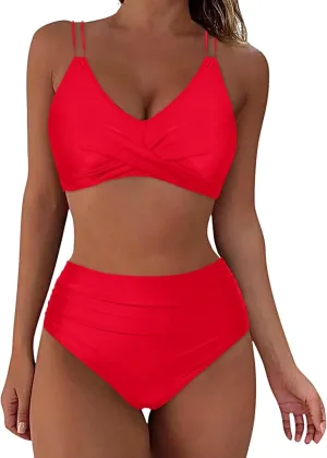 jsaierl Women Beachwear Summer Bikini Sets Sexy Front Twist Back Crossover Strappy Swimsuit Tummy Control Ruched Bathing Suit