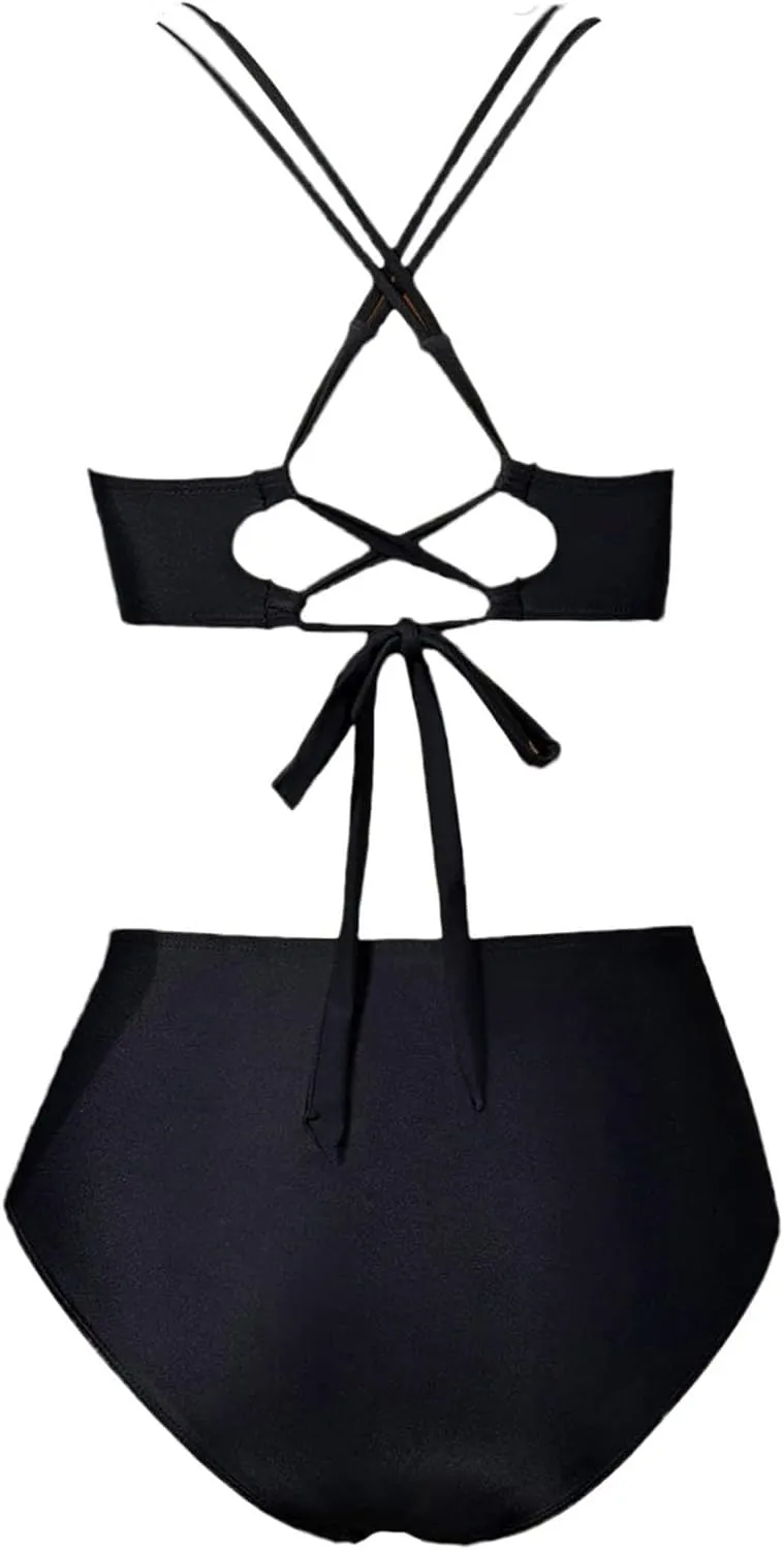jsaierl Women Beachwear Summer Bikini Sets Sexy Front Twist Back Crossover Strappy Swimsuit Tummy Control Ruched Bathing Suit