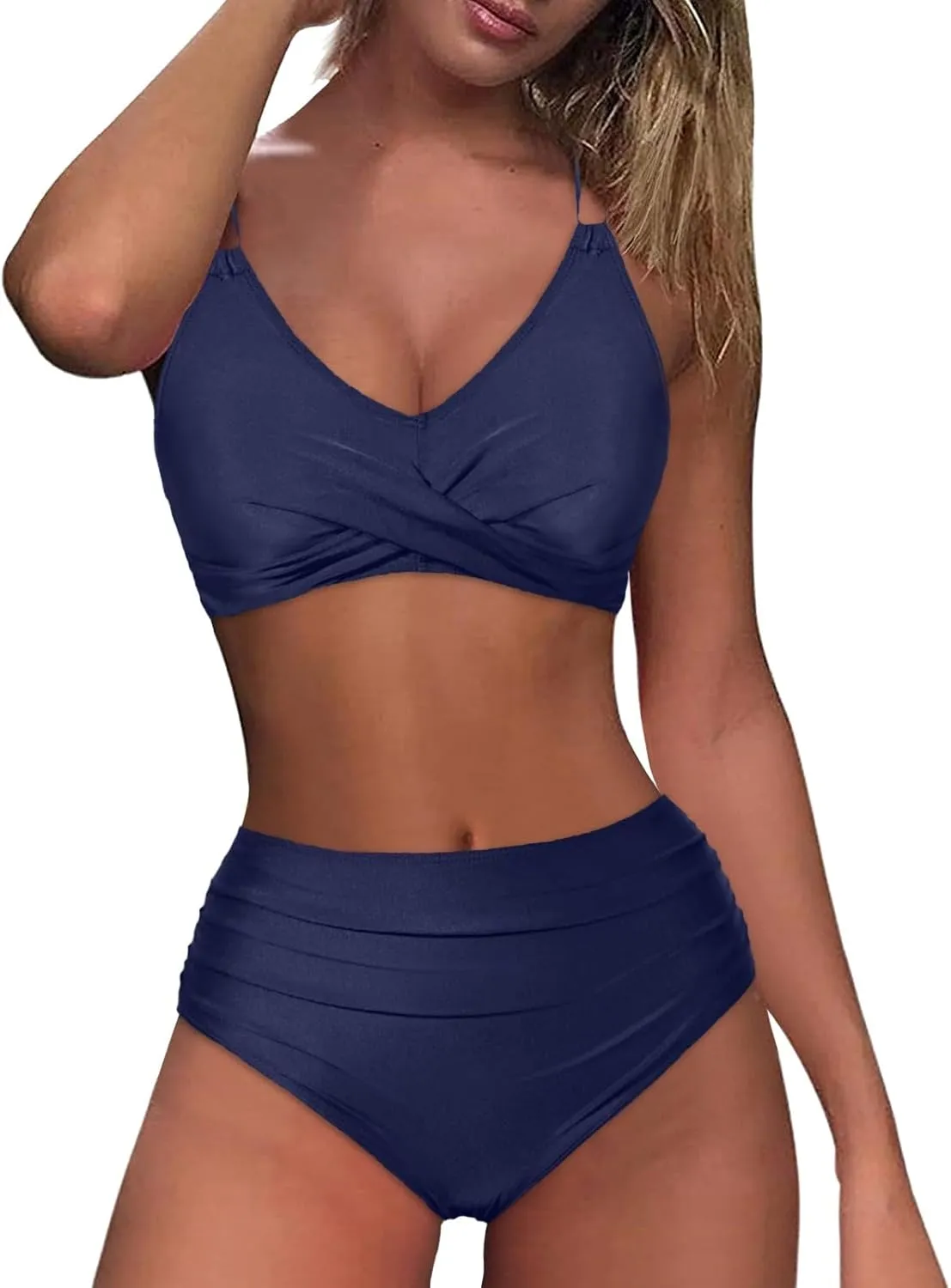 jsaierl Women Beachwear Summer Bikini Sets Sexy Front Twist Back Crossover Strappy Swimsuit Tummy Control Ruched Bathing Suit