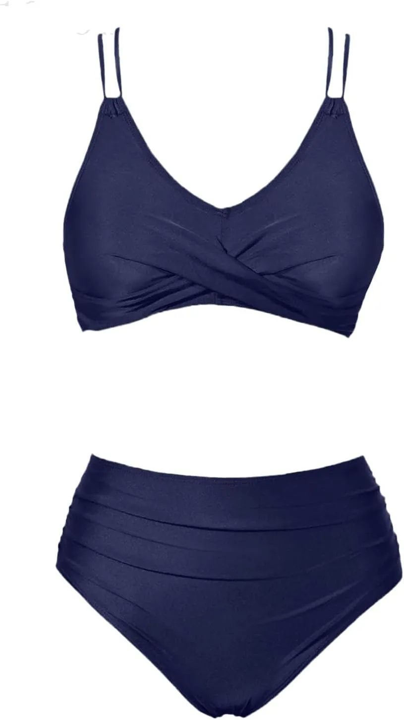 jsaierl Women Beachwear Summer Bikini Sets Sexy Front Twist Back Crossover Strappy Swimsuit Tummy Control Ruched Bathing Suit
