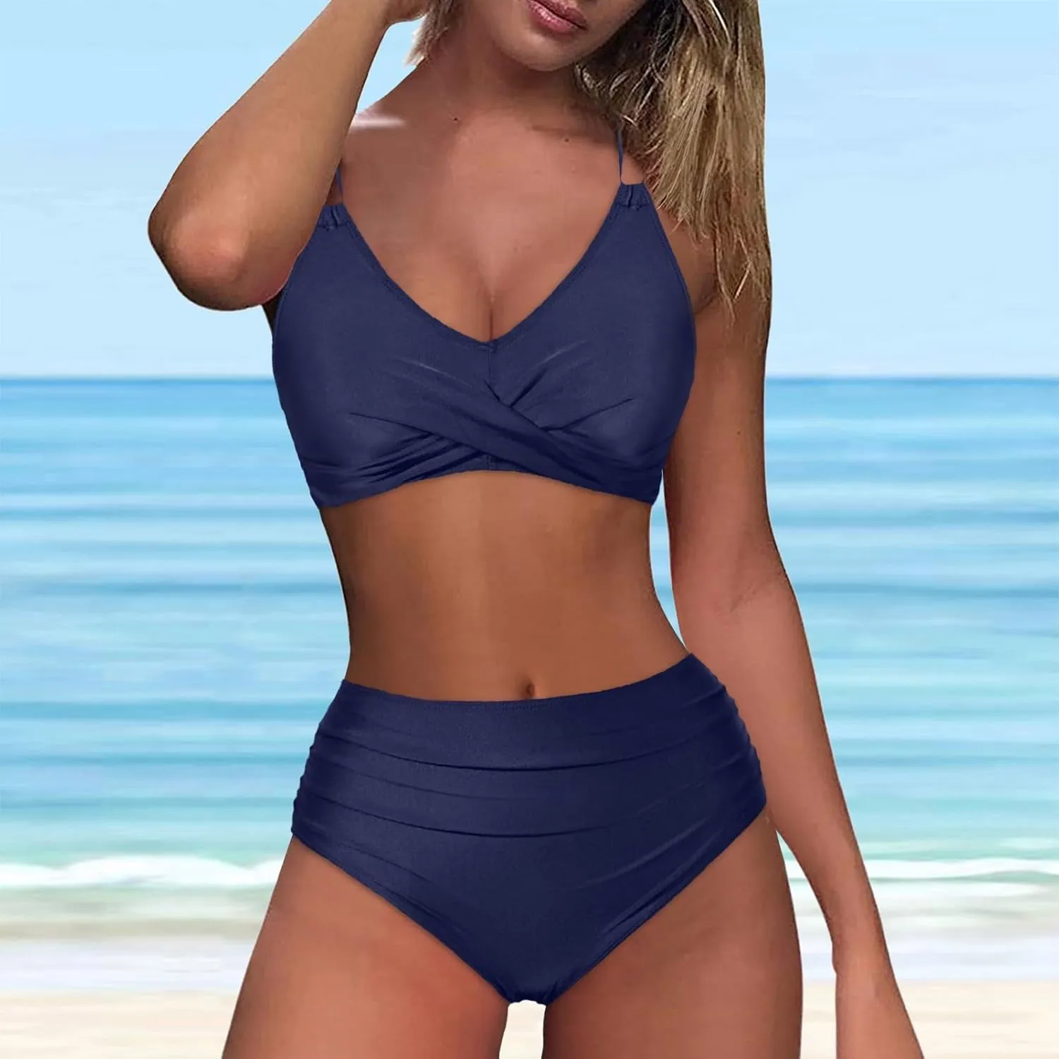 jsaierl Women Beachwear Summer Bikini Sets Sexy Front Twist Back Crossover Strappy Swimsuit Tummy Control Ruched Bathing Suit