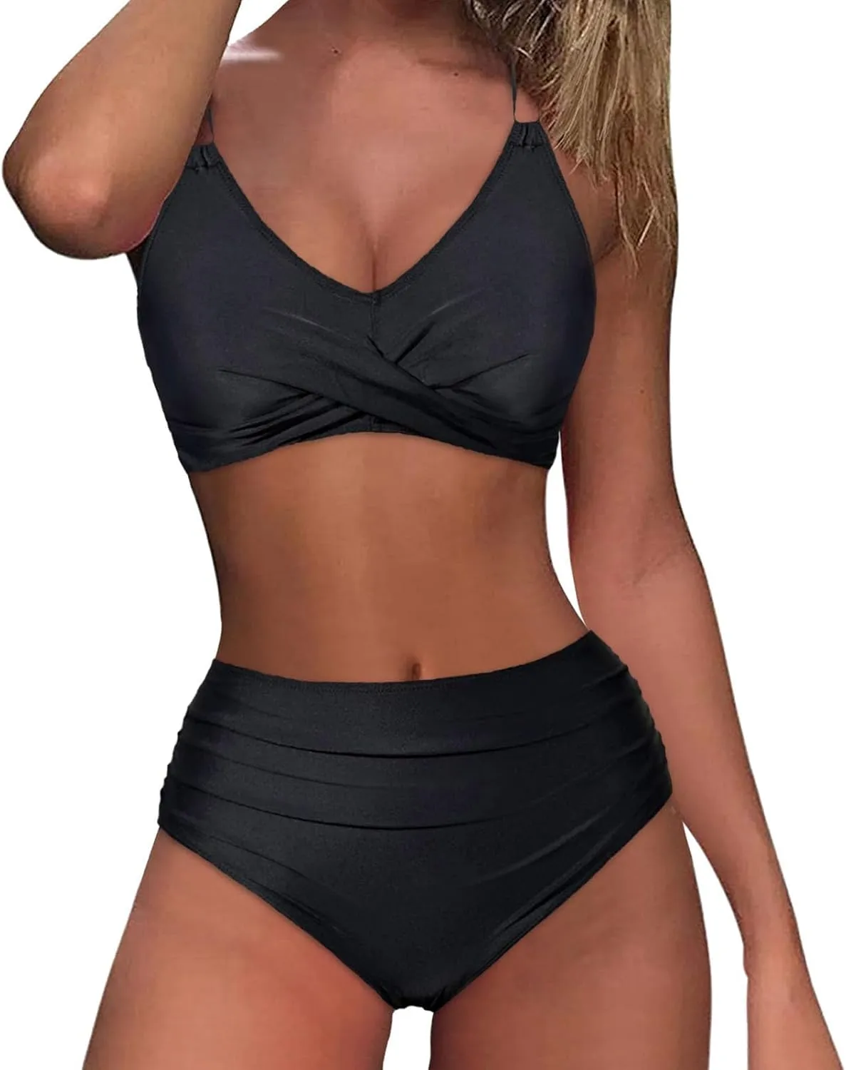 jsaierl Women Beachwear Summer Bikini Sets Sexy Front Twist Back Crossover Strappy Swimsuit Tummy Control Ruched Bathing Suit