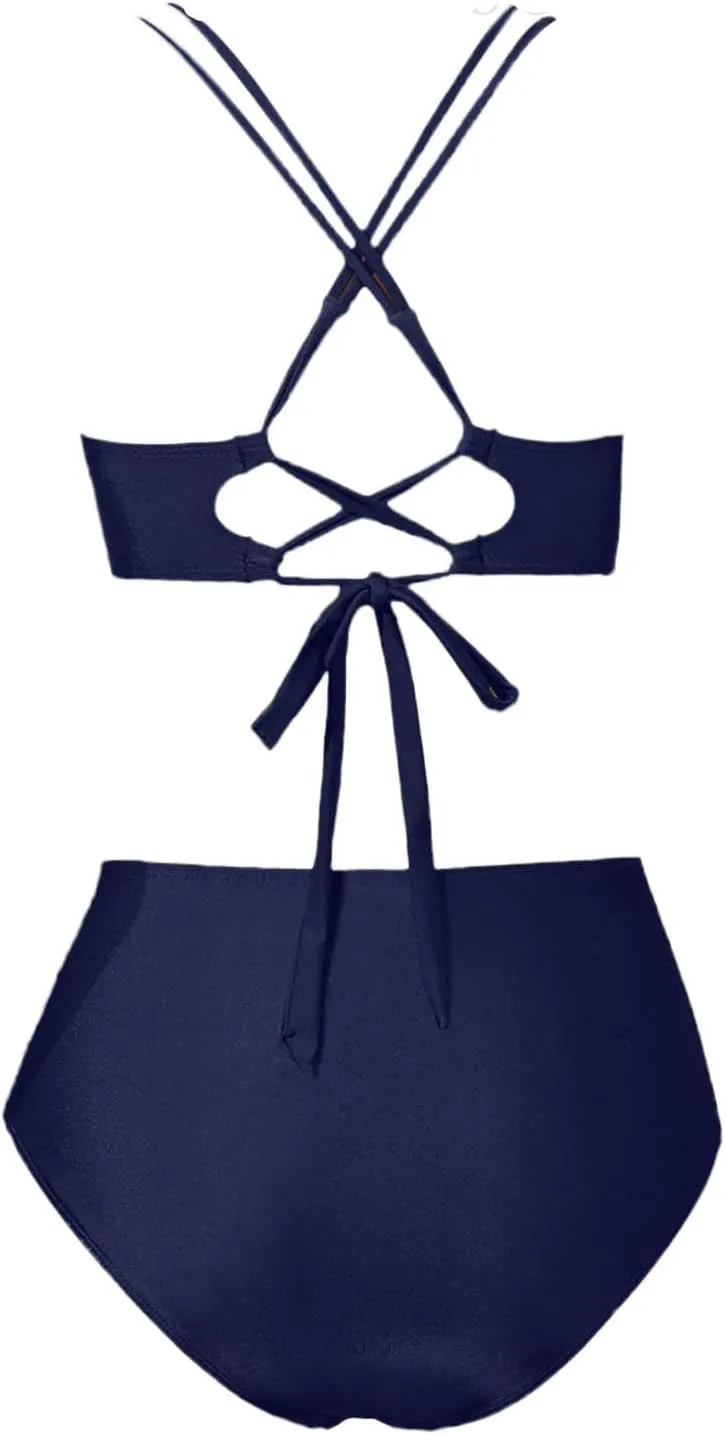jsaierl Women Beachwear Summer Bikini Sets Sexy Front Twist Back Crossover Strappy Swimsuit Tummy Control Ruched Bathing Suit