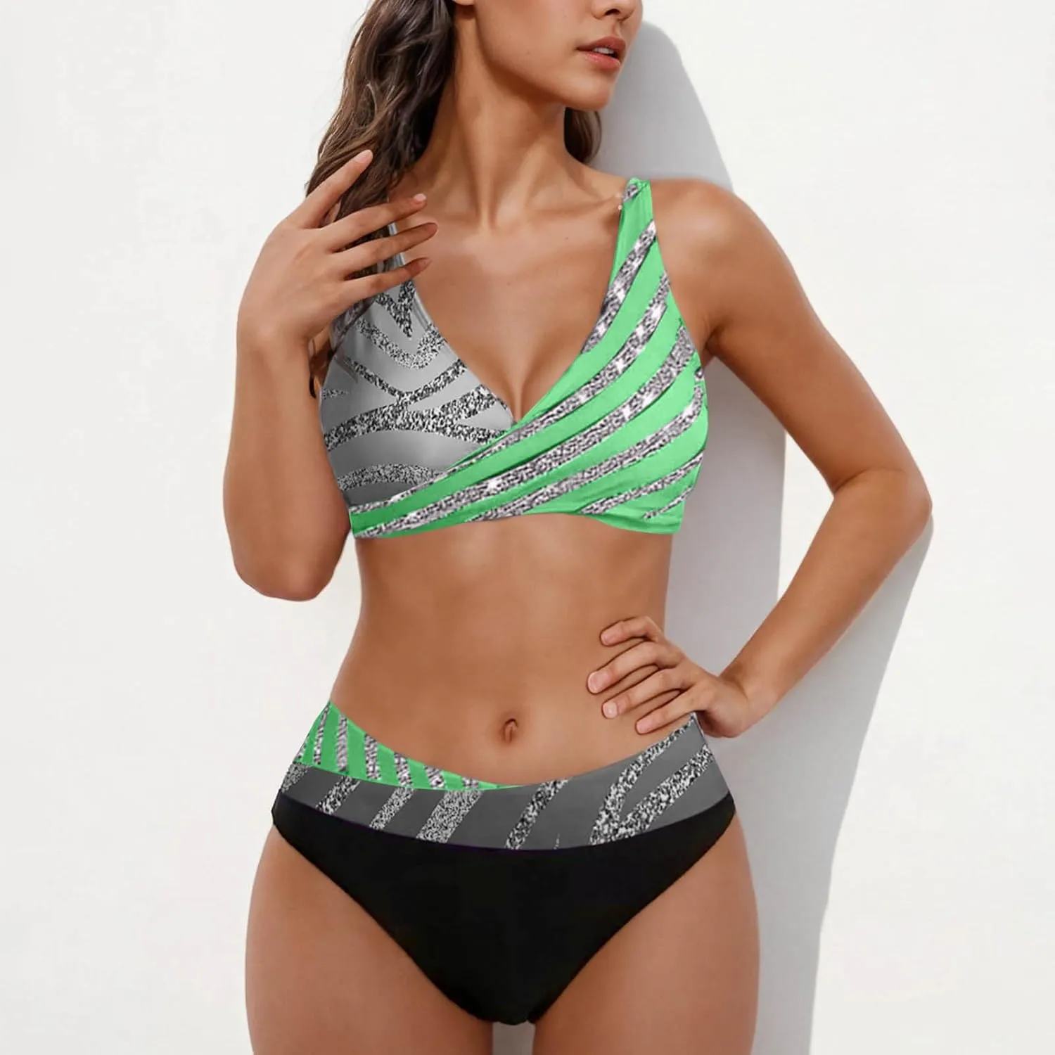 jsaierl Women Bikini Sets Sexy Triangle Bathing Suit Fashion Colourful Striped Print 2 Piece Swimwear Tummy Control Swimsuits