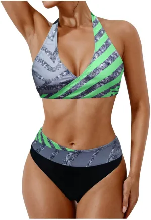 jsaierl Women Bikini Sets Sexy Triangle Bathing Suit Fashion Colourful Striped Print 2 Piece Swimwear Tummy Control Swimsuits