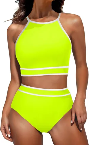 jsaierl Women's Bikini Sets Trendy Color Block Two Piece Bathing Suits High Waisted Tummy Control Swimsuits 2025 Beachwear