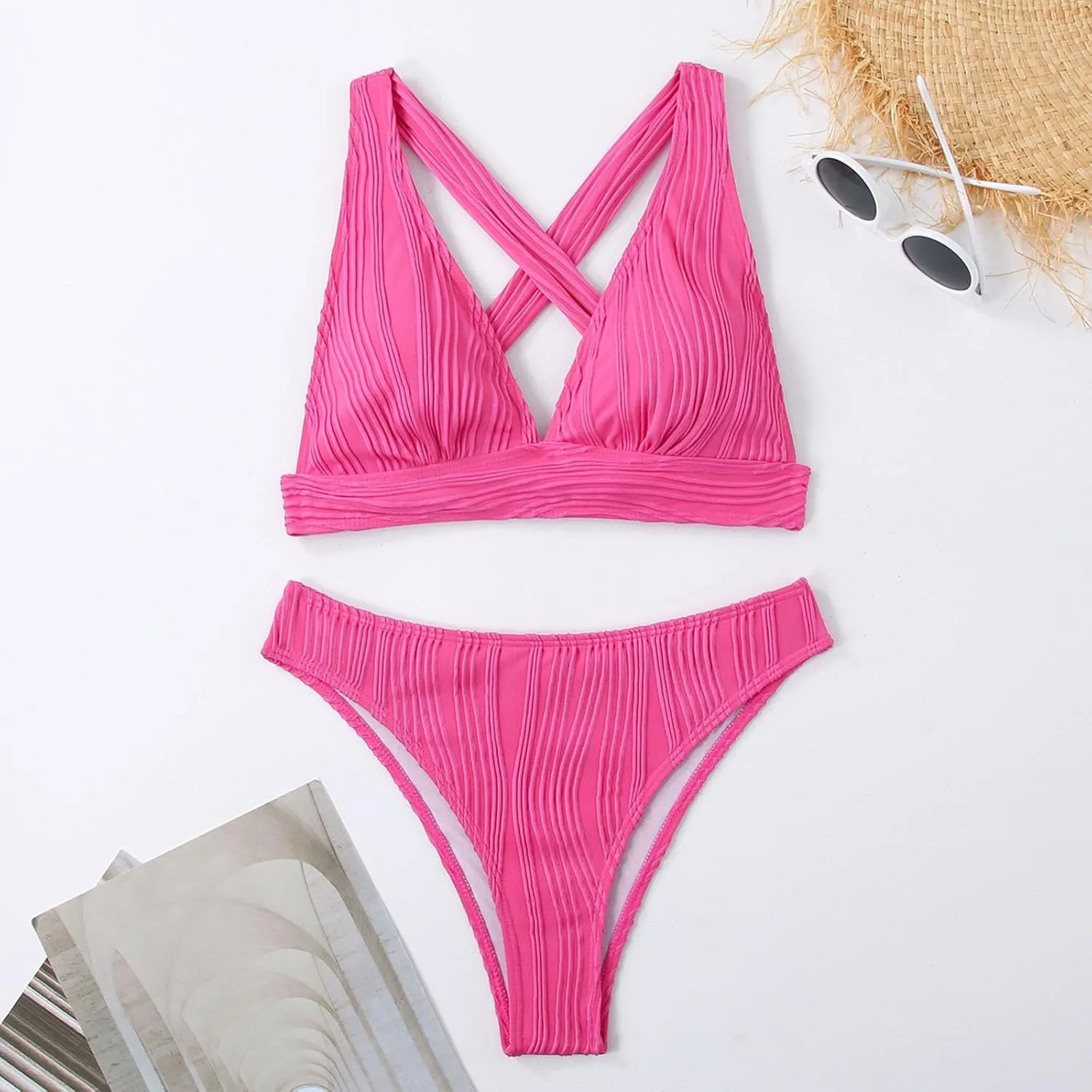 jsaierl Womens Sexy Bikini Sets Triangle Push Up Ribbed Swimsuits Back Crossover High Leg Bathing Suits Summer Swimwear