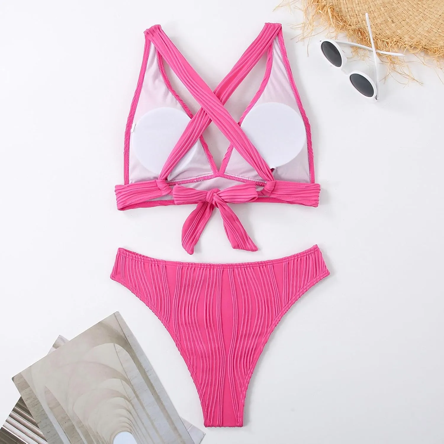 jsaierl Womens Sexy Bikini Sets Triangle Push Up Ribbed Swimsuits Back Crossover High Leg Bathing Suits Summer Swimwear