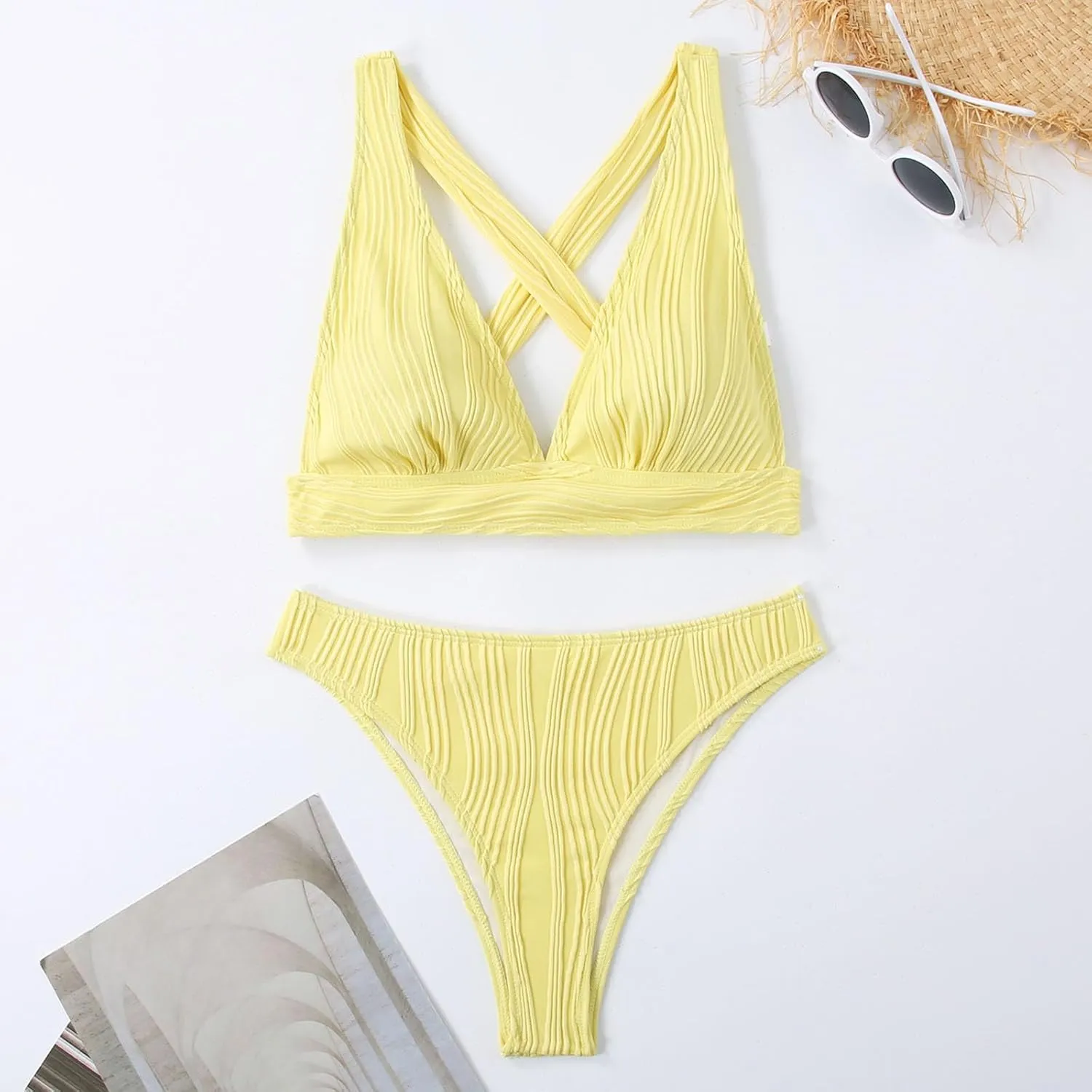 jsaierl Womens Sexy Bikini Sets Triangle Push Up Ribbed Swimsuits Back Crossover High Leg Bathing Suits Summer Swimwear