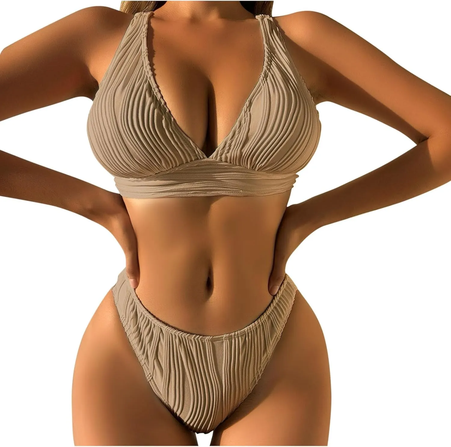 jsaierl Womens Sexy Bikini Sets Triangle Push Up Ribbed Swimsuits Back Crossover High Leg Bathing Suits Summer Swimwear