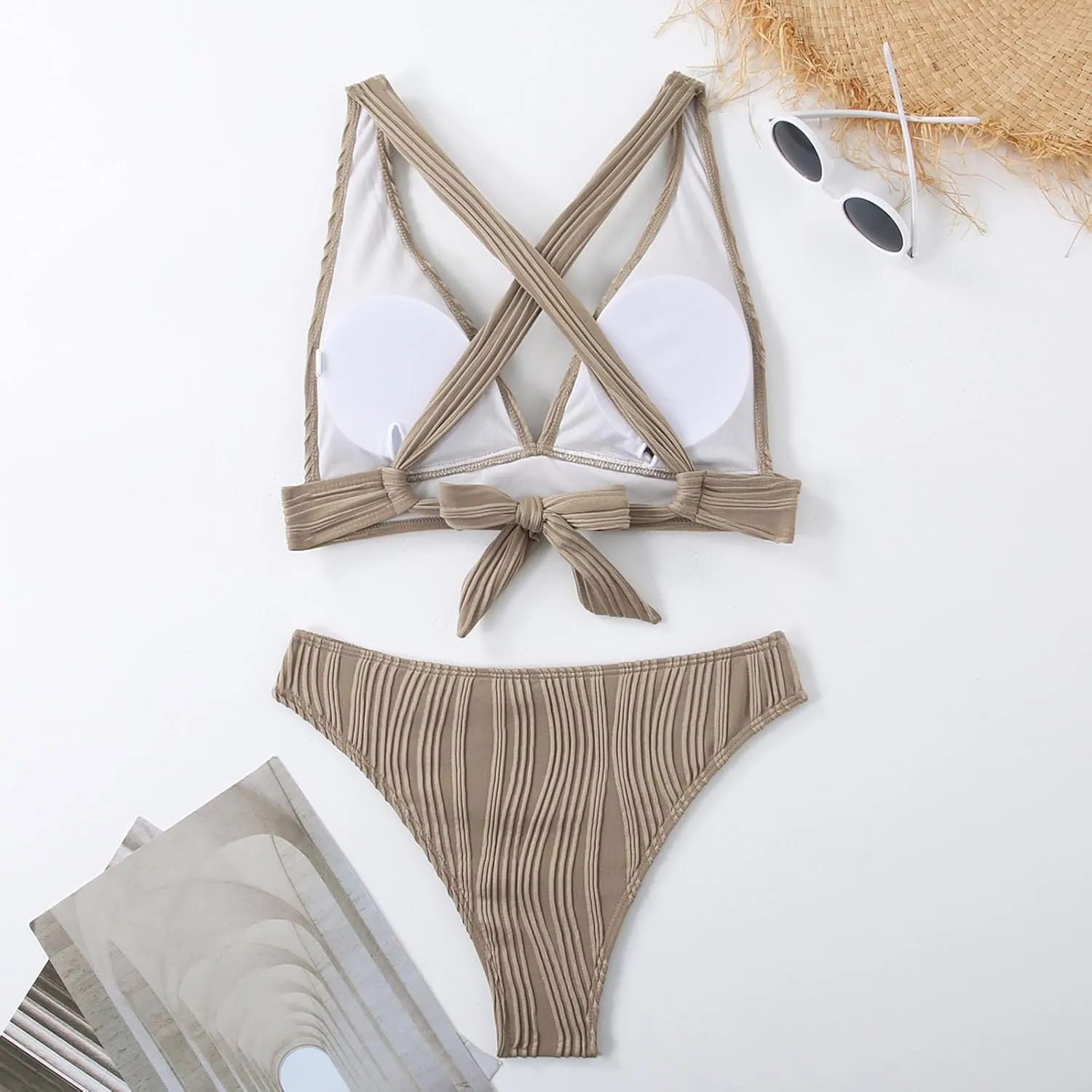jsaierl Womens Sexy Bikini Sets Triangle Push Up Ribbed Swimsuits Back Crossover High Leg Bathing Suits Summer Swimwear