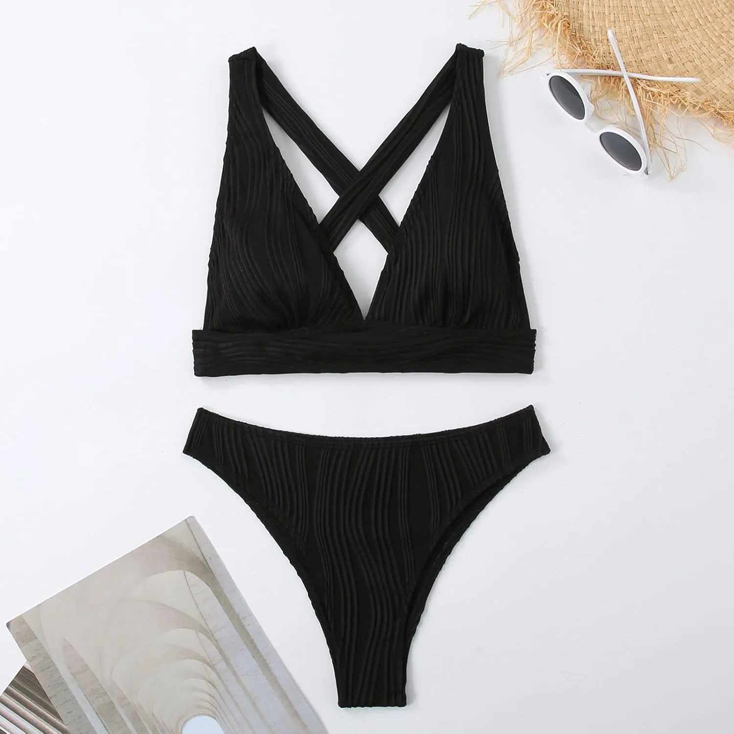 jsaierl Womens Sexy Bikini Sets Triangle Push Up Ribbed Swimsuits Back Crossover High Leg Bathing Suits Summer Swimwear