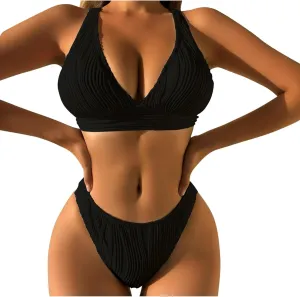 jsaierl Womens Sexy Bikini Sets Triangle Push Up Ribbed Swimsuits Back Crossover High Leg Bathing Suits Summer Swimwear