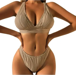 jsaierl Womens Sexy Bikini Sets Triangle Push Up Ribbed Swimsuits Back Crossover High Leg Bathing Suits Summer Swimwear