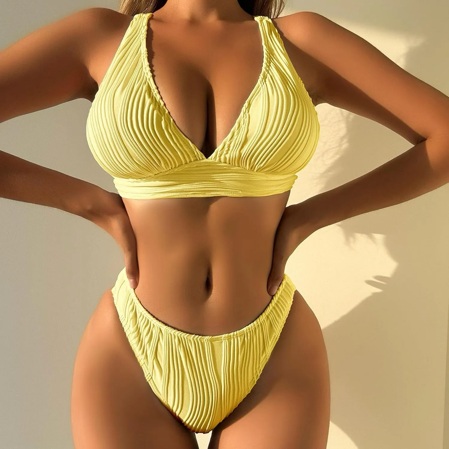 jsaierl Womens Sexy Bikini Sets Triangle Push Up Ribbed Swimsuits Back Crossover High Leg Bathing Suits Summer Swimwear