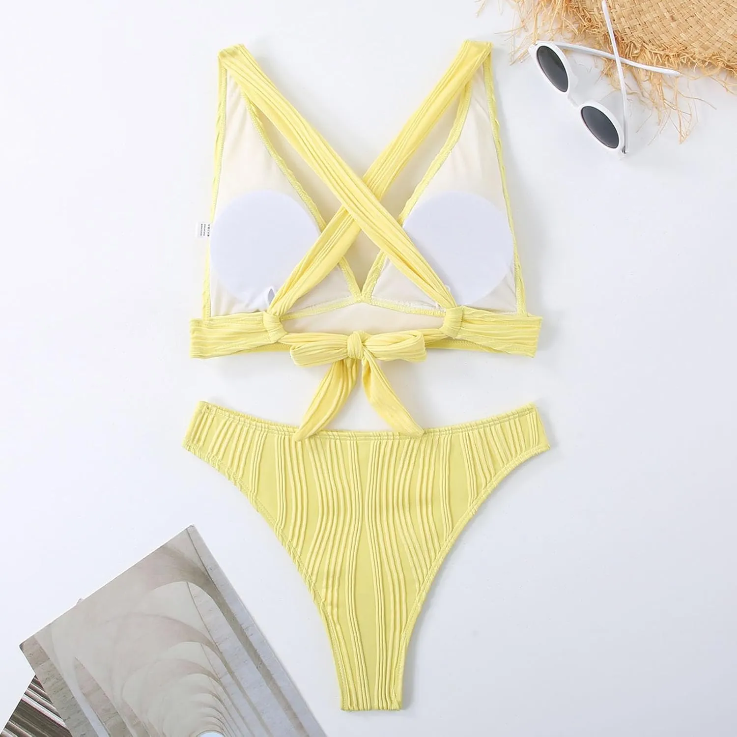 jsaierl Womens Sexy Bikini Sets Triangle Push Up Ribbed Swimsuits Back Crossover High Leg Bathing Suits Summer Swimwear