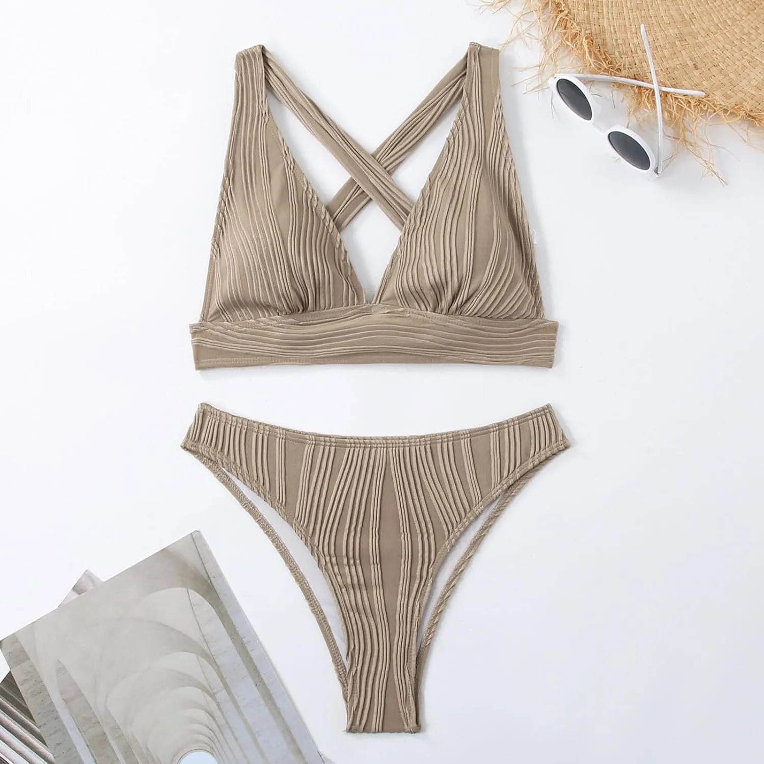 jsaierl Womens Sexy Bikini Sets Triangle Push Up Ribbed Swimsuits Back Crossover High Leg Bathing Suits Summer Swimwear