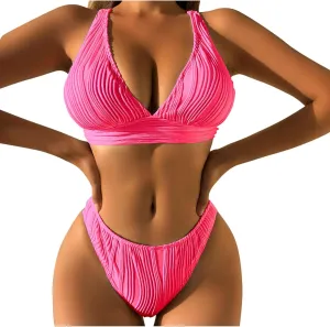 jsaierl Womens Sexy Bikini Sets Triangle Push Up Ribbed Swimsuits Back Crossover High Leg Bathing Suits Summer Swimwear
