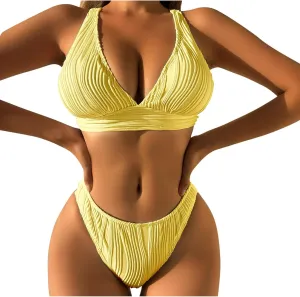 jsaierl Womens Sexy Bikini Sets Triangle Push Up Ribbed Swimsuits Back Crossover High Leg Bathing Suits Summer Swimwear